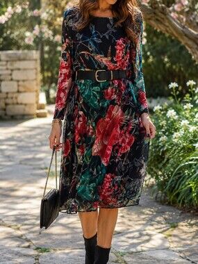 NWT Cativa Black Floral Long Sleeve A-Line Dress Red Green Bloom Mesh Overlay